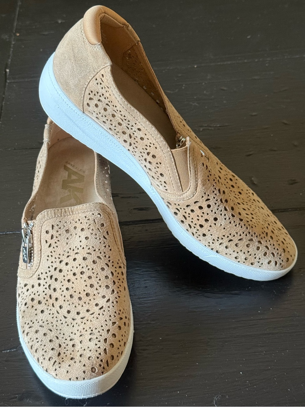 Anne Klein Tan Perforated Slip-On Moccasins with White Soles